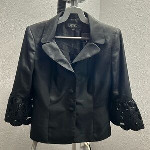 Kasper size 6 blazer two button, flair embroidered sleeves, black